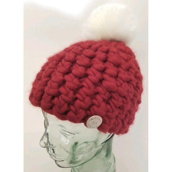 Anthropologie Mischa Lampert Pomster Beanie Red Merino Wool White Faux Pom New